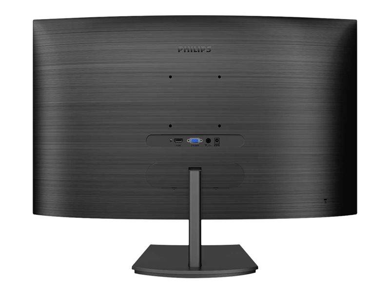 Vue arrière d'un moniteur noir sur un support, avec les possibilités de connexion visibles au centre.