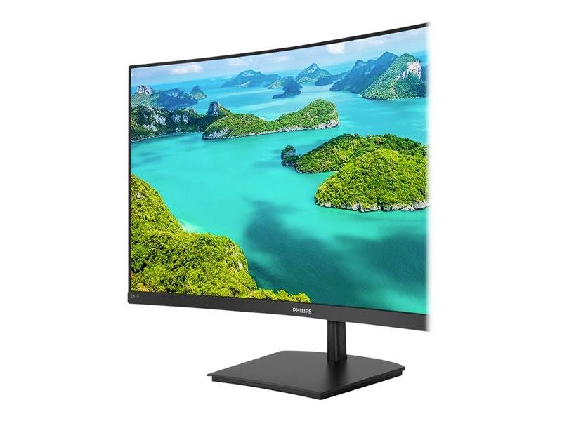 Moniteur incurvé affichant une image d'eau turquoise et d'îles vertes. Idéal pour des vues immersives et une productivité optimale.