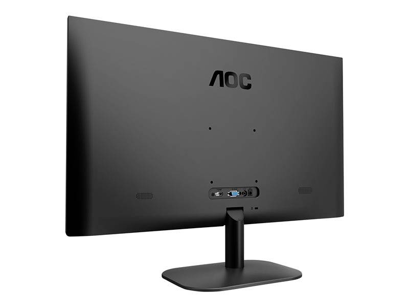 Un écran d'ordinateur noir AOC, vu de dos, avec ses connexions et un socle stable, sur un fond blanc.