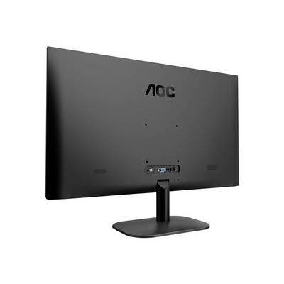 Un écran d'ordinateur noir AOC, vu de dos, avec ses connexions et un socle stable, sur un fond blanc.