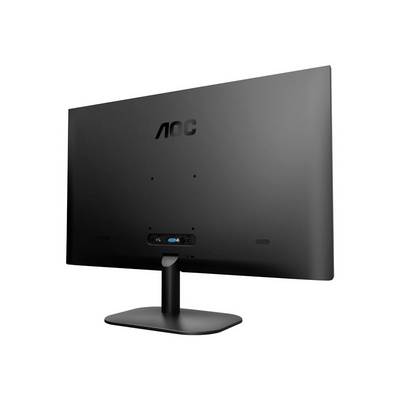 Le dos d'un écran d'ordinateur noir de la marque AOC. L'écran est posé sur un socle rectangulaire.