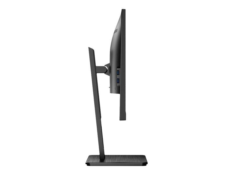 Un écran d'ordinateur plat vu de côté, montrant sa construction fine et son support stable. Doté de connexions latérales.