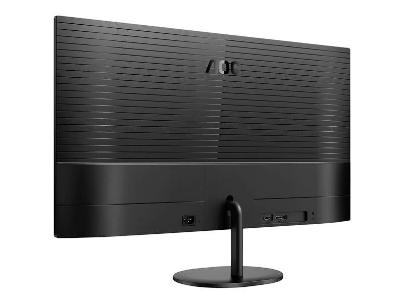 Un moniteur d'ordinateur noir vu de dos. Il présente des lignes horizontales en haut et des ports de connexion en bas.