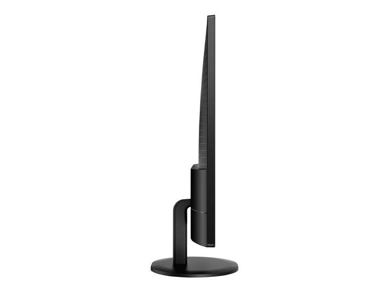 Vue latérale d'un écran d'ordinateur noir ultra-fin sur un socle rond sur un fond blanc.