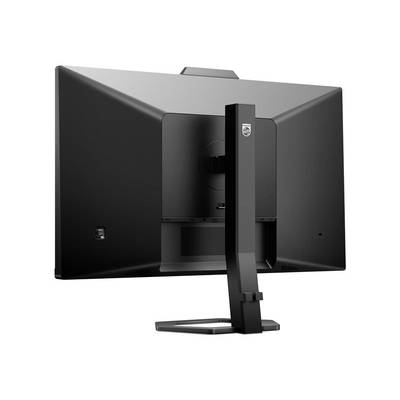 Vue arrière d'un moniteur d'ordinateur noir avec un support rectangulaire, posé sur une table.