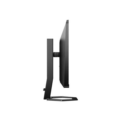 Vue latérale d'un écran d'ordinateur sur socle, présentant un design élégant et un profil minimaliste.