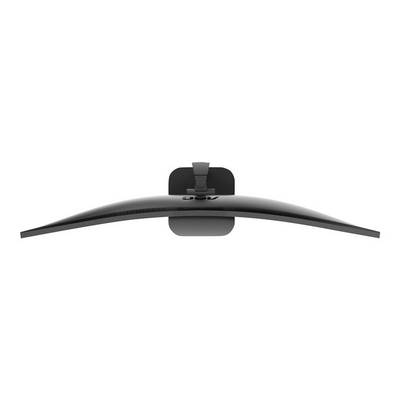 Un moniteur d'ordinateur incurvé vu de dessus, avec un cadre noir et un écran bombé, le pied de support étant visible au centre.