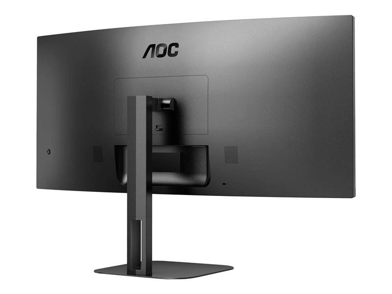 Un moniteur noir et ultra-large de la marque AOC est visible de dos, avec un socle stable et une surface légèrement mate.