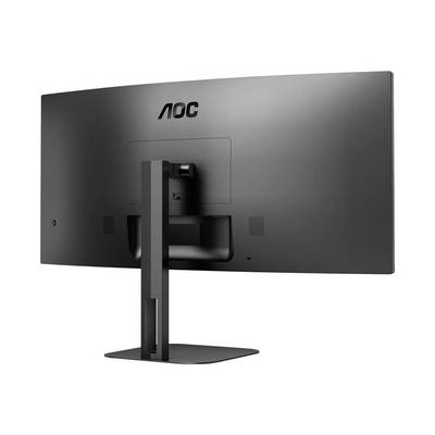 Un moniteur noir et ultra-large de la marque AOC est visible de dos, avec un socle stable et une surface légèrement mate.