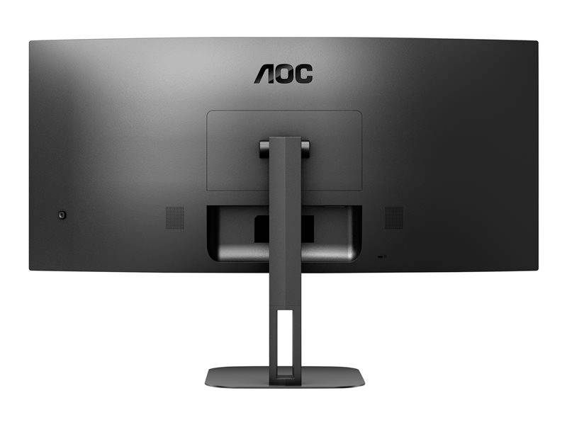 Un grand écran d'ordinateur de la marque AOC, vu de dos, avec un socle stable.