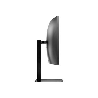 Vue latérale d'un écran d'ordinateur moderne au design élégant, posé sur un support noir.