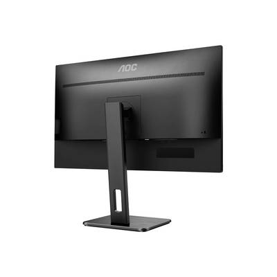 Vue arrière d'un moniteur d'ordinateur noir avec un support étroit et une base rectangulaire. Marque AOC en haut du moniteur.