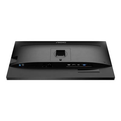 Arrière d'un moniteur noir avec plusieurs ports, dont HDMI, DisplayPort et ports USB, ainsi qu'une connexion pour le câble d'alimentation.