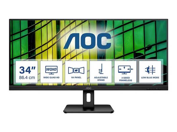 Moniteur LED AOC Essential-line U34E2M  CEE F (A - G) 86.4 cm 34 pouces  3440 x 1440 pixels 21:9 4 ms HDMI™, DisplayPort, Audio-Line-out VA LED