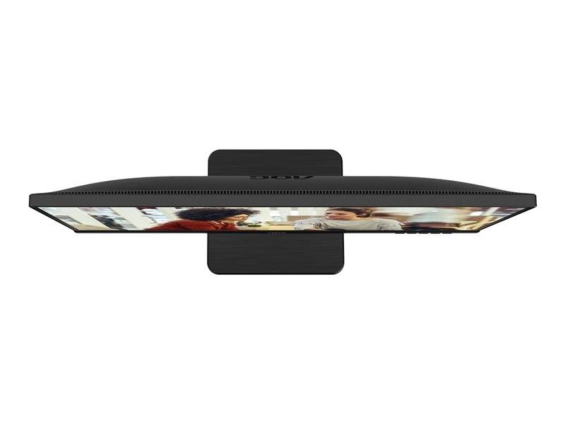 Un écran plat vu de dessus, sur lequel une vidéo avec deux personnes est en cours de lecture. L'écran est noir et monté sur un support.