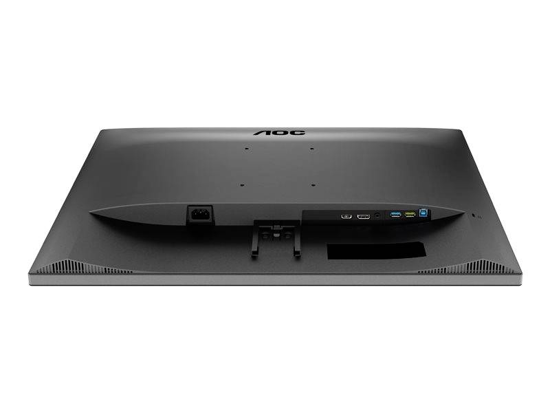 Arrière d'un écran d'ordinateur noir avec différentes options de connexion telles que ports HDMI, VGA et USB, ainsi qu'une prise d'alimentation.