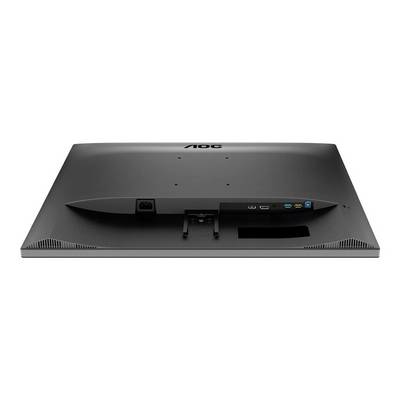 Arrière d'un écran d'ordinateur noir avec différentes options de connexion telles que ports HDMI, VGA et USB, ainsi qu'une prise d'alimentation.