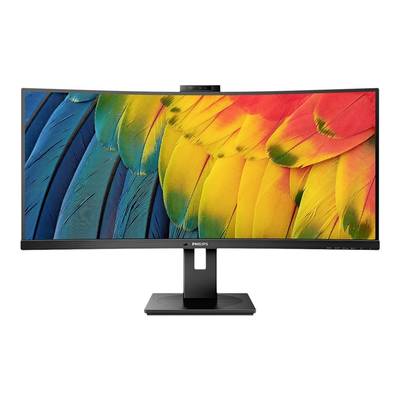 Un écran d'ordinateur incurvé affiche une image colorée avec des plumes de perroquet bleues et jaunes ; marque 'Philips'.