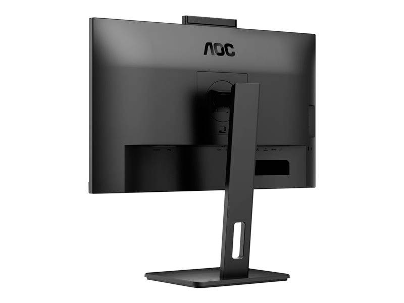 Un moniteur noir AOC, vue de dos, avec un socle rectangulaire. Une caméra est située sur le bord supérieur.