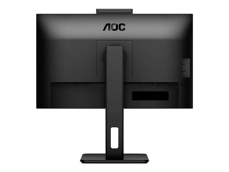 Un écran d'ordinateur noir AOC vu de dos, posé sur un socle rectangulaire.