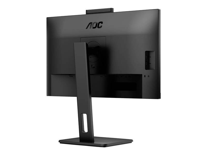 Moniteur d'ordinateur noir d'AOC, vue arrière, avec un socle stable et une webcam intégrée en haut.