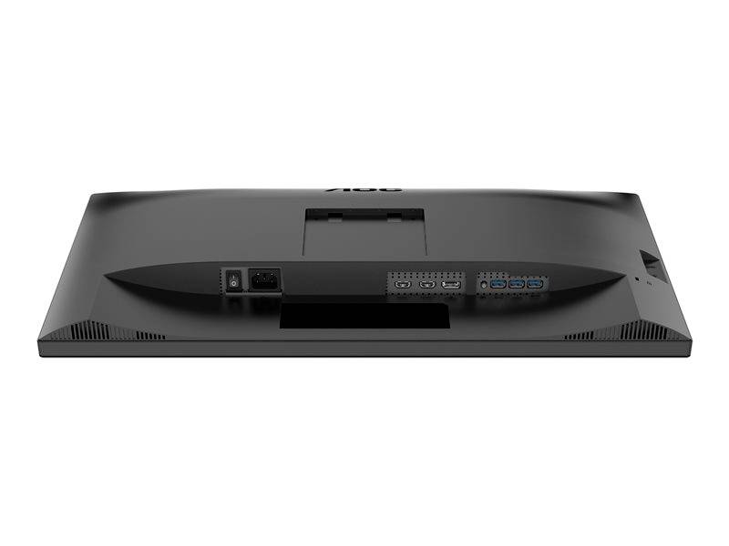 Un moniteur d'ordinateur noir vu de dos, montrant les ports d'alimentation, HDMI et DisplayPort.