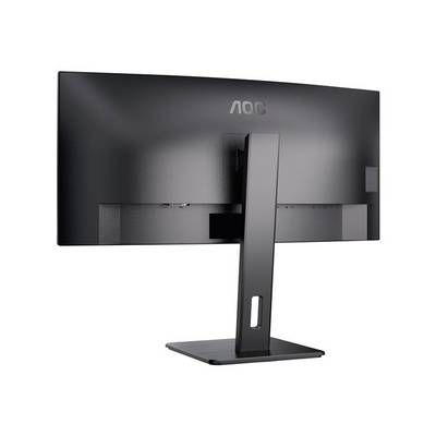 Un écran noir AOC vu de dos, monté sur un socle rectangulaire. Aucun affichage visible.
