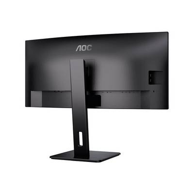 Un moniteur noir AOC vu de dos, montrant la conception stable du socle rectangulaire avec une zone de connexion centralisée.
