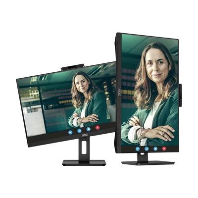 Deux écrans, l'un en mode paysage et l'autre en mode portrait. Les deux affichent la même personne dans un bureau, souriant amicalement.