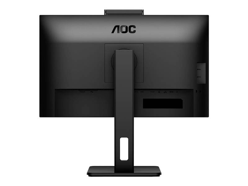 Un moniteur noir AOC vu de dos, montrant le pied et la partie supérieure arrière avec le logo ; aucun autre détail n'est visible.