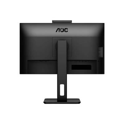 Un moniteur noir AOC vu de dos, montrant le pied et la partie supérieure arrière avec le logo ; aucun autre détail n'est visible.