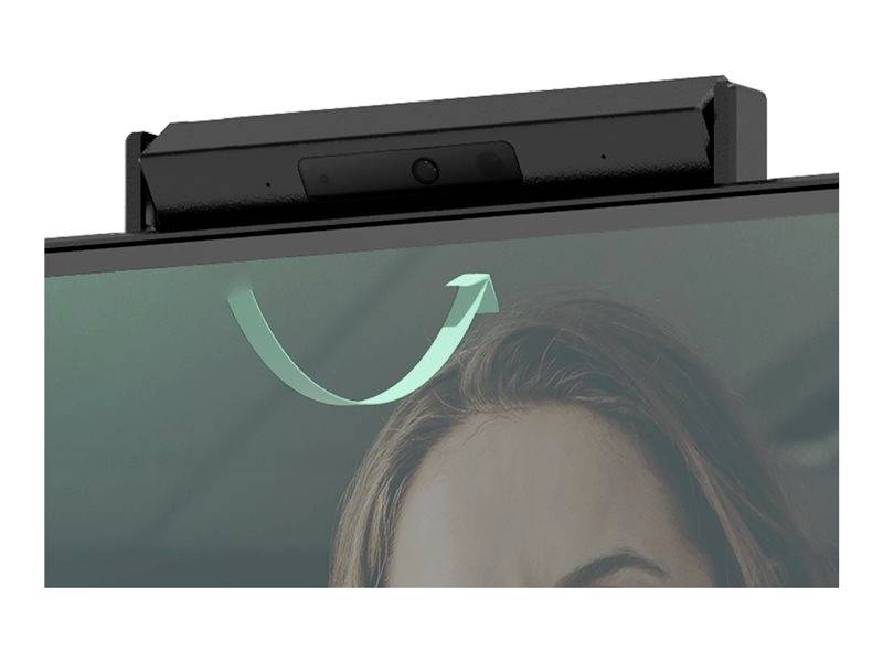 Une webcam noire est montée en haut d'un écran. Une flèche indique un mouvement rotatif de la webcam.