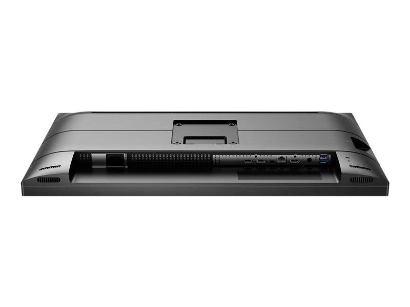Moniteur noir vu de dos avec des ports visibles tels que HDMI, USB et un port câble au centre.