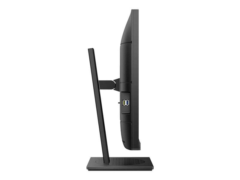 Un moniteur d'ordinateur noir vu de côté, qui montre son design élégant et moderne avec un support fin.