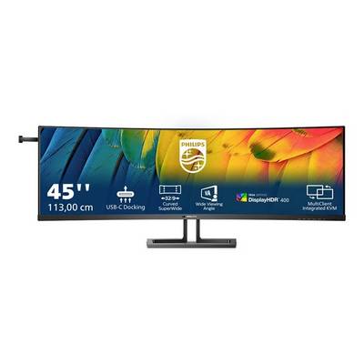 Un moniteur incurvé Philips de 45 pouces avec station d'accueil USB-C, large angle de vision, DisplayHDR 400 et KVM intégré.