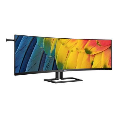 Un moniteur ultra-large avec un motif vivant de plume de perroquet sur l'écran, passant du bleu au jaune et au rouge.