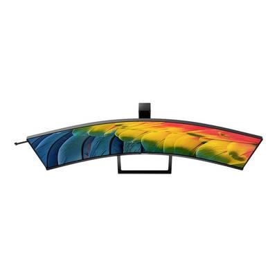 Un moniteur incurvé avec des plumes de perroquet lumineuses et colorées à l'écran, parfait pour une expérience visuelle immersive.