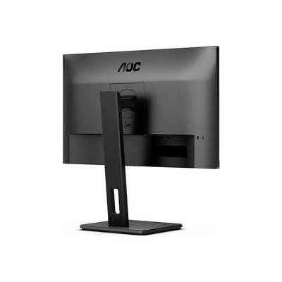 Arrière d'un moniteur noir AOC avec un support carré, photographié en diagonale depuis la droite.