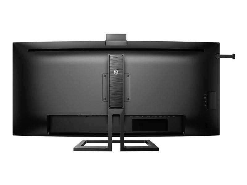 'Vue arrière d'un moniteur large écran noir avec un support fin et une caméra intégrée en haut.'