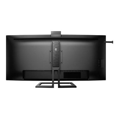 'Vue arrière d'un moniteur large écran noir avec un support fin et une caméra intégrée en haut.'