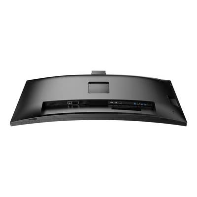 Vue arrière d'un écran d'ordinateur incurvé avec différents ports et touches de commande.