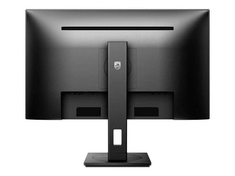 Un écran d'ordinateur noir vu de dos, avec un socle rectangulaire au centre.