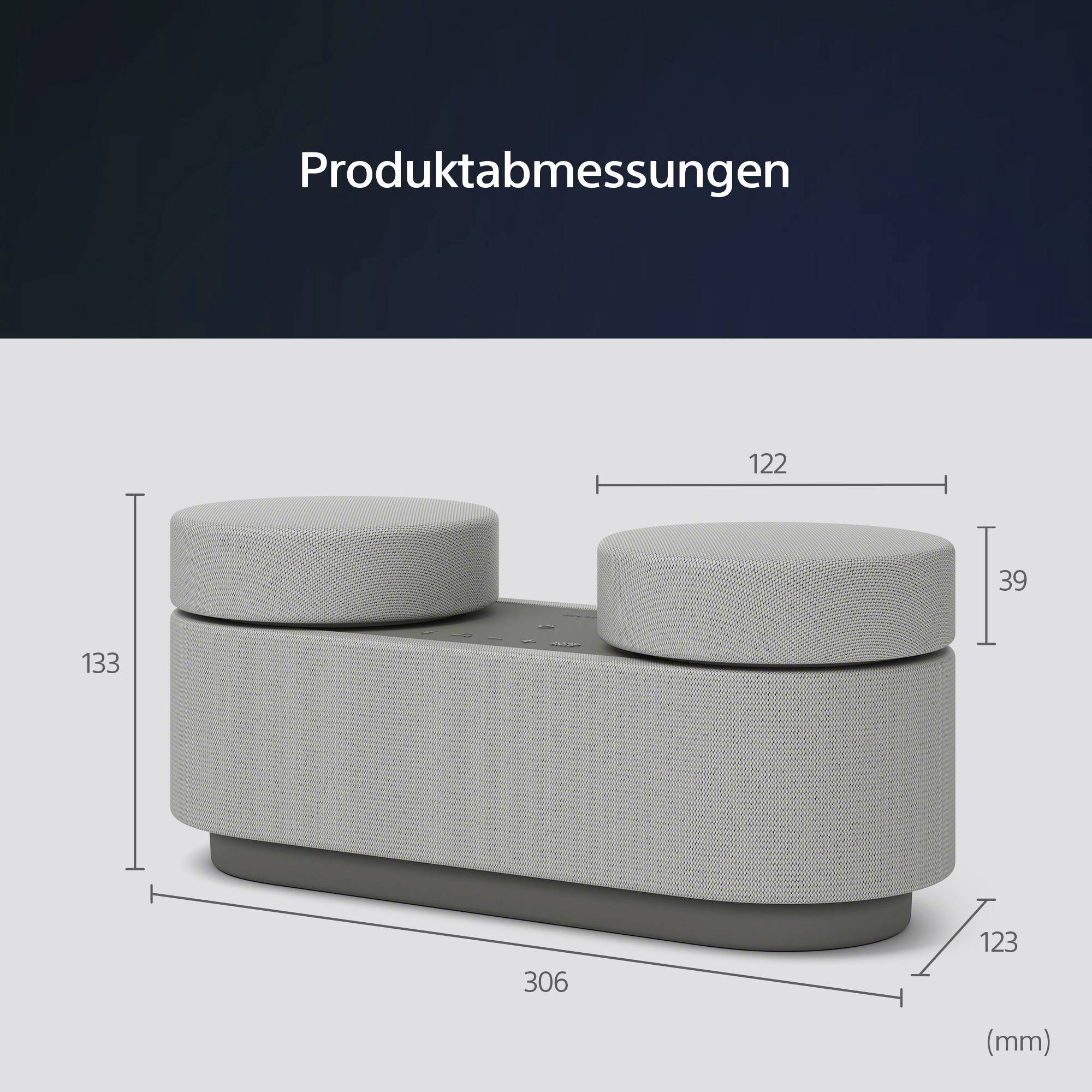 Un haut-parleur gris aux dimensions suivantes : largeur 306 mm, profondeur 123 mm, hauteur 133 mm, avec deux parties supérieures de haut-parleur arrondies.