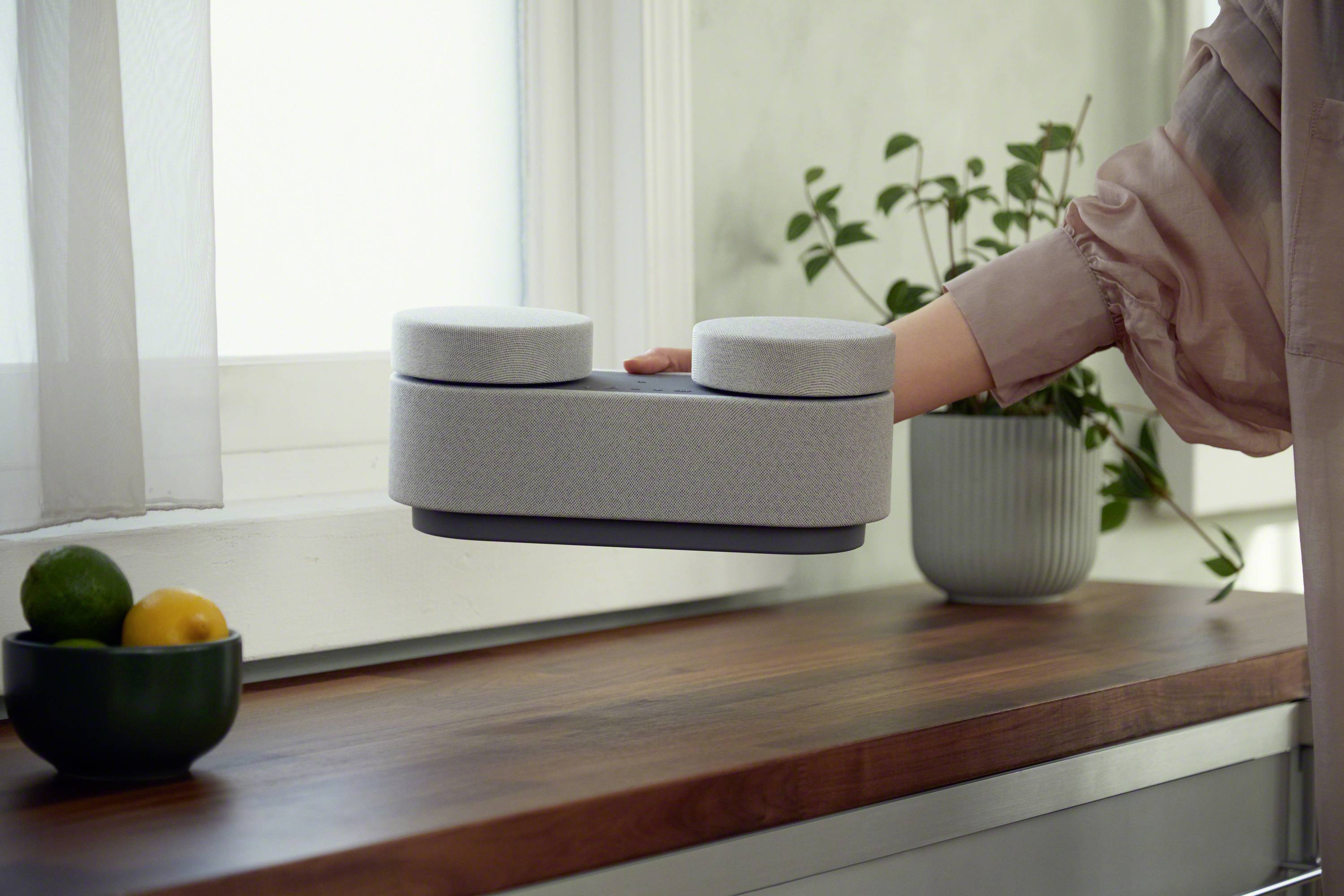 Une personne tient un robot de cuisine moderne gris avec deux récipients au-dessus d'un plan de travail en bois. Des plantes sont visibles en arrière-plan.