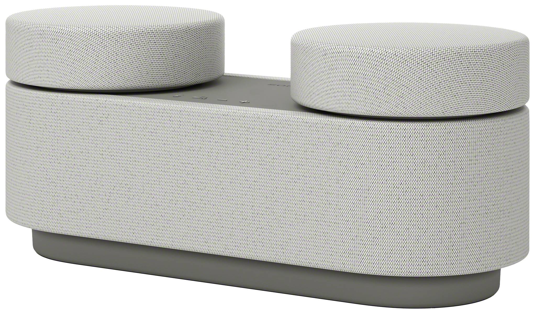 Enceinte Bluetooth grise avec deux haut-parleurs ronds sur le dessus, design moderne et revêtement en tissu lisse.