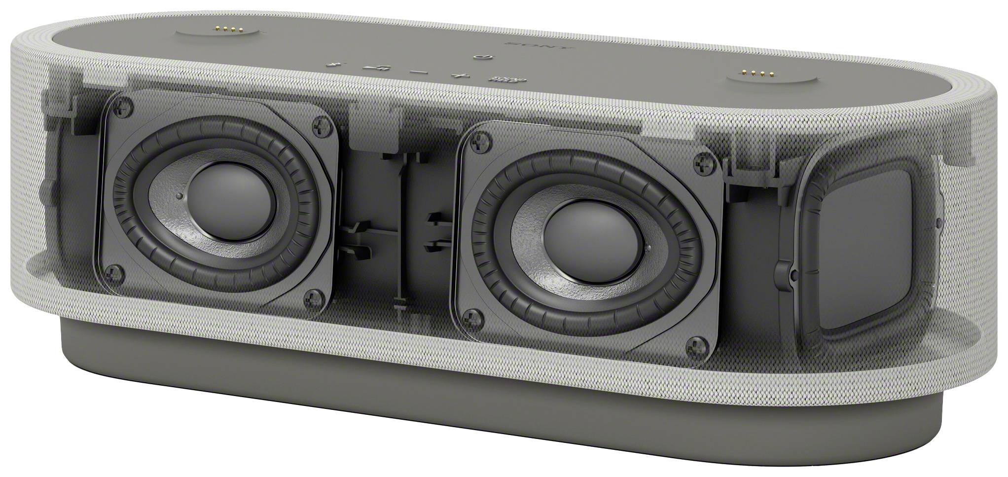 Un haut-parleur gris sans fil avec des haut-parleurs visibles et des touches de commande sur le dessus, adapté à la diffusion sonore dans une pièce.