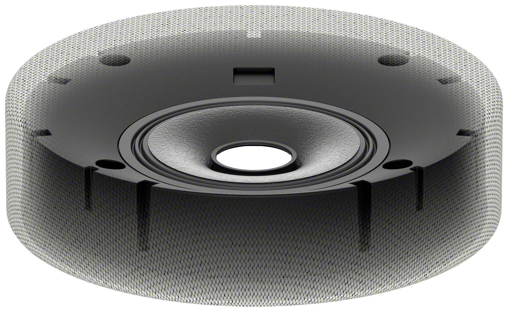 Un haut-parleur noir et gris, de forme circulaire, est visible, doté d'un corps de résonance cylindrique.