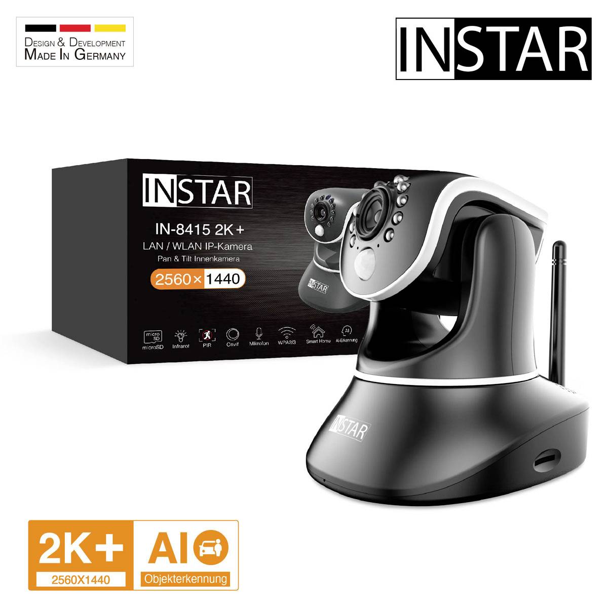 Ensemble de caméra de surveillance INSTAR, modèle IN-8415 2K+, avec résolution 2K+ et détection d'objets par IA. Comprend la caméra et son emballage.