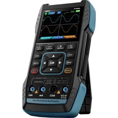 Oscilloscope numérique portable et multimètre avec écran affichant une forme d'onde ; touches de modes de mesure et de commandes visibles.