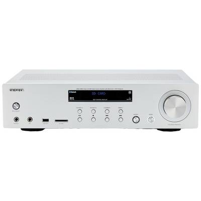 Amplificateur stéréo Hi-Fi moderne avec fonctionnalité Bluetooth, plusieurs entrées et un grand bouton de volume situé sur le côté droit.